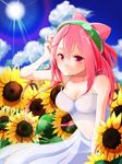  bad_id bad_pixiv_id bare_shoulders blush breasts cleavage deruzo dress flower hacka_doll hacka_doll_2 highres large_breasts long_hair looking_at_viewer pink_eyes pink_hair smile solo sun sundress sunflower 