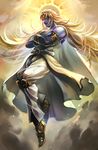  armband blonde_hair cape crossed_arms dio_brando facial_mark floating full_body heaven_ascended_dio higurehiiro jojo_no_kimyou_na_bouken jojo_no_kimyou_na_bouken:_eyes_of_heaven knee_pads long_hair male_focus pointy_shoes purple_skin shoes solo sun very_long_hair wrist_cuffs 