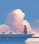  aircraft airplane bangqiao_yan black_hair cloud condensation_trail day from_behind looking_afar muted_color original pool scenery shirt short_hair skirt sky solo striped striped_shirt sunset wind 