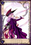  ass breasts butt_crack cape covered_nipples curly_hair despina_(queen's_blade) from_side hat highres instrument kure_masahiro large_breasts long_hair long_sleeves looking_at_viewer looking_back non-web_source o-ring o-ring_legwear pointy_ears profile purple_eyes purple_hair queen's_blade queen's_blade_grimoire revealing_clothes sideboob simple_background smile solo white_background 