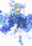  backpack bag blue_eyes blue_footwear blue_hair boots dissolving_clothes hair_bobbles hair_ornament hat kawashiro_nitori long_sleeves misawa_hiroshi open_mouth rubber_boots solo touhou traditional_media twintails two_side_up watercolor_(medium) 