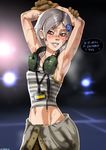  armpits arms_up blush breasts brown_eyes brown_gloves clothes_around_waist covered_nipples dirty dirty_face ear_protection english eyebrows fang gloves grin hair_ornament hairclip lips long_hair metal_gear_(series) metal_gear_rising:_revengeance midriff name_tag navel overalls shadman short_hair silver_hair small_breasts smile solo sunny_gurlukovich sweat tank_top 