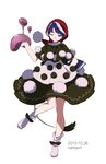  black_dress blob blue_eyes blue_hair book doremy_sweet dream_soul dress full_body hat highres multicolored multicolored_clothes multicolored_dress namauni nightcap one_eye_closed smile solo standing standing_on_one_leg tail tapir_tail touhou white_dress 