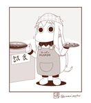  1girl alternate_costume apron bandana clothes_writing comic commentary eating headband horns kantai_collection monochrome moomin muppo northern_ocean_hime plate sazanami_konami solo tail toothpick translated twitter_username 