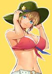  armpits bare_arms bare_shoulders belt bikini bikini_top blonde_hair blue_eyes breasts cleavage covered_nipples cowboy_hat front-tie_top hat kibanda_gohan large_breasts light_smile looking_at_viewer midriff monster_strike navel red_bikini simple_background smile solo star swimsuit underboob upper_body yellow_background 