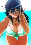  bikini blush breasts cleavage commentary_request kantai_collection large_breasts looking_at_viewer perepere-kun smile solo swimsuit tan tanline ushio_(kantai_collection) v 