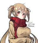  bad_id bad_pixiv_id brown_hair kantai_collection long_hair murasame_(kantai_collection) nekobaka red_eyes ribbed_sweater scarf solo sweater twintails 