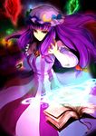  book bow brooch casting_spell colored_eyelashes commentary_request crescent grimoire hair_bow hat highres jewelry long_hair magic magic_circle mob_cap nuqura pajamas patchouli_knowledge purple_eyes purple_hair ribbon serious solo striped touhou very_long_hair 