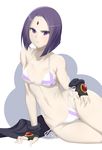  :&lt; arm_support bikini black_gloves blush breasts dc_comics fingerless_gloves forehead_jewel gloves highres looking_at_viewer medium_breasts navel pale_skin purple_eyes purple_hair raven_(dc) short_hair side-tie_bikini simple_background solo stormcow swimsuit teen_titans thighs underboob white_background wide_hips 