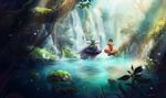  black_hair blurry cape dated depth_of_field dougi dragon_ball dragon_ball_z floating grass green_skin indian_style lake male_focus multiple_boys piccolo plant pointy_ears shoulder_pads signature sitting son_gohan sun_stark sunlight tree turban water waterfall 