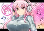  blush breasts commentary_request headphones heka=ton large_breasts long_hair looking_at_viewer nitroplus pink_hair red_eyes ribbed_sweater smile solo super_sonico sweater taut_clothes turtleneck 