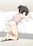  ass bare_shoulders barefoot bed bedside black_hair blush brown_eyes crossed_legs feet hair_bobbles hair_ornament kneeling looking_at_viewer looking_back namonashi original panties shiny shiny_hair shiny_skin short_hair solo tank_top underwear 