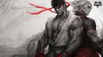  abs black_hair copyright_name dougi eyebrows gloves grey_background headband highres ken_masters looking_at_viewer looking_back male_focus monochrome multiple_boys muscle pectorals ryuu_(street_fighter) serious shirt short_sleeves signature simple_background sleeveless spot_color stanley_lau street_fighter street_fighter_ii_(series) street_fighter_v thick_eyebrows upper_body wallpaper 