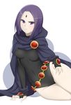  :&lt; arm_support belt black_gloves blush bob_cut breasts cape covered_navel dc_comics fingerless_gloves forehead_jewel gloves hand_on_own_thigh highres hips leotard looking_at_viewer loose_belt medium_breasts pale_skin purple_eyes purple_hair raven_(dc) reclining short_hair signature simple_background solo stormcow superhero teen_titans thighs turtleneck white_background 