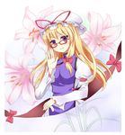  armband bespectacled blonde_hair blue_door blush border bow breasts dress flower gap glasses hair_bow hand_up hat hat_ribbon long_sleeves medium_breasts mob_cap puffy_long_sleeves puffy_sleeves purple_eyes red-framed_eyewear ribbon smile solo tabard touhou umbrella white_border white_dress yakumo_yukari 