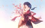  ^_^ brown_hair cherry_blossoms closed_eyes flower hakama instocklee japanese_clothes kashuu_kiyomitsu long_hair male_focus md5_mismatch mole mole_under_mouth petals ponytail red_scarf scarf smile solo touken_ranbu younger 