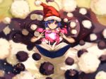  1girl berabou blob blue_hair blurry book capelet doremy_sweet dress hat looking_at_viewer nightcap open_book pom_pom_(clothes) purple_eyes short_hair solo touhou 