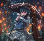  bare_tree blue_eyes blue_hair blue_shirt blue_skirt blurry breath commentary forest heterochromia hijiwryyyyy holding holding_umbrella karakasa_obake light long_sleeves looking_at_viewer nature night night_sky red_eyes scarf shirt short_hair skirt sky sleeveless sleeveless_shirt snow snowing solo tatara_kogasa tongue touhou tree umbrella white_shirt winter 