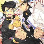  &gt;_&lt; banner black_hair blue_eyes brooch clenched_hand closed_eyes coat crazy_diamond dutch_angle earrings gakuran green_eyes hat heart higashikata_jousuke highres jewelry jojo_no_kimyou_na_bouken kuujou_joutarou male_focus multiple_boys open_mouth peace_symbol school_uniform smile sparkle stand_(jojo) star_platinum toujou_sakana v 