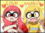  :d black_border blonde_hair blush border commentary_request domino_mask english eromame fang heart heart-shaped_pupils inkling mask money_gesture multiple_girls object_hug open_mouth pointy_ears red_eyes red_hair shirt smile splatoon_(series) splatoon_1 symbol-shaped_pupils symbol_in_eye tentacle_hair yellow_eyes yen_sign 