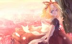  blonde_hair blouse blue_eyes blurry depth_of_field dqn_(dqnww) flower hair_ribbon light_particles looking_at_viewer looking_back medicine_melancholy open_hand outdoors outstretched_arm puffy_short_sleeves puffy_sleeves ribbon short_hair short_sleeves skirt smile solo touhou tree wind 