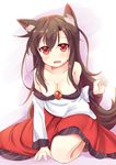  animal_ears bare_shoulders breasts brooch brown_hair cleavage fang frilled_sleeves frills imaizumi_kagerou jewelry long_hair medium_breasts niiya open_mouth red_eyes shirt skirt solo tail touhou very_long_hair werewolf wolf_ears wolf_tail 