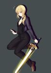  absurdres artoria_pendragon_(all) blush breasts cleavage excalibur fate/stay_night fate/zero fate_(series) formal grey_background highres looking_at_viewer low_ponytail mao_guantou necktie pants saber shadow simple_background small_breasts solo suit 