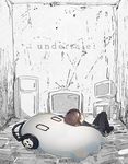  brown_hair closed_eyes computer copyright_name frisk_(undertale) ghost headphones lying namie-kun napstablook refrigerator static television transparent_background undertale 