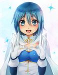  blue_eyes blue_hair cape gloves kinoope magical_girl mahou_shoujo_madoka_magica miki_sayaka open_mouth short_hair solo sparkle sweat sweatdrop upper_body 