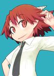  blush collared_shirt commentary_request horns kamonari_ahiru looking_at_viewer necktie original playing_with_own_hair pointy_ears red_eyes red_hair shirt short_hair smile solo 