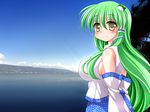  arms_at_sides bad_id bad_pixiv_id blue_skirt blue_sky blush breasts cityscape covered_nipples cowboy_shot day detached_sleeves frog_hair_ornament green_hair hair_ornament hair_tubes kochiya_sanae large_breasts long_hair looking_to_the_side mountain no_bra ocean photo_background sagano_mito shore sideboob skirt sky smile snake_hair_ornament solo touhou tree very_long_hair water yellow_eyes 