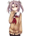  alternate_costume amano_kouki brown_eyes brown_hair cosplay flat_chest hair_ribbon highres kantai_collection long_hair long_sleeves looking_at_viewer murasame_(kantai_collection) murasame_(kantai_collection)_(cosplay) pantyhose ribbon school_uniform simple_background sleeves_past_wrists solo twintails two_side_up white_background zuihou_(kantai_collection) 