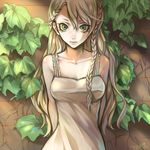  blonde_hair braid breasts cleavage collarbone dated dress fan_ju green_eyes hair_over_shoulder highres long_hair medium_breasts original plant signature solo twin_braids upper_body vines wall white_dress 