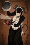  arizuka_(catacombe) bangs black_hair blunt_bangs braid breasts candle cleavage demon_horns demon_tail eyeball fork goblet hair_over_shoulder highres horns long_hair maid maid_headdress medium_breasts original red_eyes solo steam tail twin_braids 