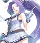  bare_shoulders closed_fan commentary_request enu_(n_storage) fan floating folding_fan gloves hatsuharu_(kantai_collection) kantai_collection long_hair looking_at_viewer open_mouth ponytail purple_eyes purple_hair remodel_(kantai_collection) solo very_long_hair 