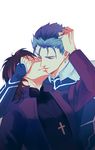 absurdres blue_hair brown_hair cross cross_necklace fate/stay_night fate/zero fate_(series) highres jewelry kiss kotomine_kirei lancer male_focus multiple_boys necklace yan_(chibchan) yaoi 