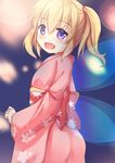  ass blonde_hair fairy_wings fang floral_print japanese_clothes kimono looking_at_viewer niiya obi open_mouth purple_eyes sash smile solo sunny_milk touhou twintails wings 