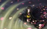  absurdly_long_hair alternate_costume black_hair black_kimono collarbone commentary_request crying flower goma_dango hime_cut houraisan_kaguya japanese_clothes kimono long_hair looking_afar night obi pink_eyes ripples sad sash side_slit solo standing streaming_tears tears touhou very_long_hair wading water 