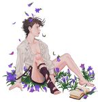  book brown_hair flower full_body jojo_no_kimyou_na_bouken joseph_joestar_(young) leg_brace looking_to_the_side male_focus shorts sitting sognare0624 solo tears younger 