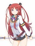  arca_(summon_night) blush chata_maru_(irori_sabou) long_hair looking_at_viewer miniskirt purple_eyes red_hair simple_background skirt smile solo summon_night summon_night_5 very_long_hair white_background 