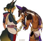  2boys animal_ear_fluff animal_ear_headwear animal_ears arm_behind_back artist_name black_pants black_shrug blonde_hair blush brown_eyes clenched_hand couple cowboy_shot cyno_(genshin_impact) dark-skinned_male dark_skin electro_symbol_(genshin_impact) fox_boy fox_ears fox_tail from_side genshin_impact grabbing_another's_hand green_hair highres interracial kallynnekmi kiss kissing_hand male_focus medium_hair multicolored_hair multiple_boys pants parted_lips shrug_(clothing) simple_background smile tail tighnari_(genshin_impact) two-tone_hair vision_(genshin_impact) white_background wihted yaoi 