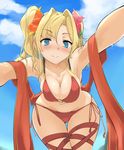  bikini blonde_hair blue_eyes blush breasts cameltoe cleavage flower granblue_fantasy hair_flower hair_ornament large_breasts long_hair looking_at_viewer momio o-ring o-ring_bikini raised_eyebrow red_bikini shawl side-tie_bikini smile solo swimsuit thigh_gap thighs twintails wide_hips zeta_(granblue_fantasy) 