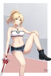  1girl absurdres bare_arms bare_legs bare_shoulders belt black_belt black_boots blonde_hair blue_shorts boots breasts clarent_(fate) collarbone crop_top cutoffs denim denim_shorts fate/apocrypha fate/grand_order fate_(series) grin high_ponytail highres holding holding_sword holding_weapon jewelry mordred_(fate) mordred_(fate/apocrypha) mordred_(memories_at_trifas)_(fate) navel pendant ponytail reinaz short_shorts shorts sitting small_breasts smile solo stomach strapless sword thighs tube_top weapon 