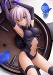  armor armpits arms_up bangs bare_shoulders bird black_legwear breasts cowboy_shot elbow_gloves fate/grand_order fate_(series) gloves hair_between_eyes halterneck head_tilt impossible_clothes impossible_leotard lavender_hair leotard looking_at_viewer mash_kyrielight medium_breasts midriff navel navel_cutout parted_lips purple_eyes shadow shield short_hair solo thigh_strap thighhighs tsuki_suigetsu turtleneck 