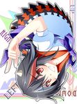  anni_minto black_hair clenched_teeth directional_arrow grin horns kijin_seija multicolored_hair red_eyes red_hair smile solo streaked_hair teeth touhou upside-down 