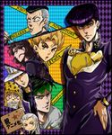  6+boys :x argyle argyle_background black_hair blonde_hair brown_eyes chibi copyright_name earrings eating gakuran green_eyes grey_hair hand_on_hip hazekura_mikitaka higashikata_jousuke hirose_kouichi jewelry jojo_no_kimyou_na_bouken joseph_joestar kishibe_rohan kuujou_joutarou long_hair multicolored_hair multiple_boys nijimura_okuyasu pointy_ears pompadour purple_eyes purple_hair school_uniform sign translation_request tsukkage two-tone_hair yamagishi_yukako 