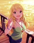  :d ahoge artist_request blonde_hair bracelet green_eyes heart heart_necklace hoshii_miki idolmaster idolmaster_(classic) idolmaster_million_live! jewelry jpeg_artifacts long_hair necklace official_art open_mouth shorts smile solo tank_top 