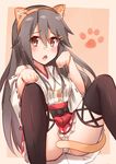  absurdres animal_ears bare_shoulders black_hair blush brown_eyes cat_ears cat_tail detached_sleeves hairband haruna_(kantai_collection) highres japanese_clothes kantai_collection kapatarou long_hair nontraditional_miko open_mouth orange_hairband panties remodel_(kantai_collection) skirt solo tail thighhighs underwear 