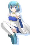  armband blue_eyes blue_hair cape fortissimo fortissimo_hair_ornament gloves hair_ornament hairclip highres magical_girl mahou_shoujo_madoka_magica mahou_shoujo_madoka_magica_movie miki_sayaka short_hair simple_background sitting solo thighhighs white_background x_k_o zettai_ryouiki 