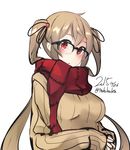  bad_id bad_pixiv_id brown_hair glasses kantai_collection long_hair murasame_(kantai_collection) nekobaka red_eyes ribbed_sweater scarf solo sweater twintails 